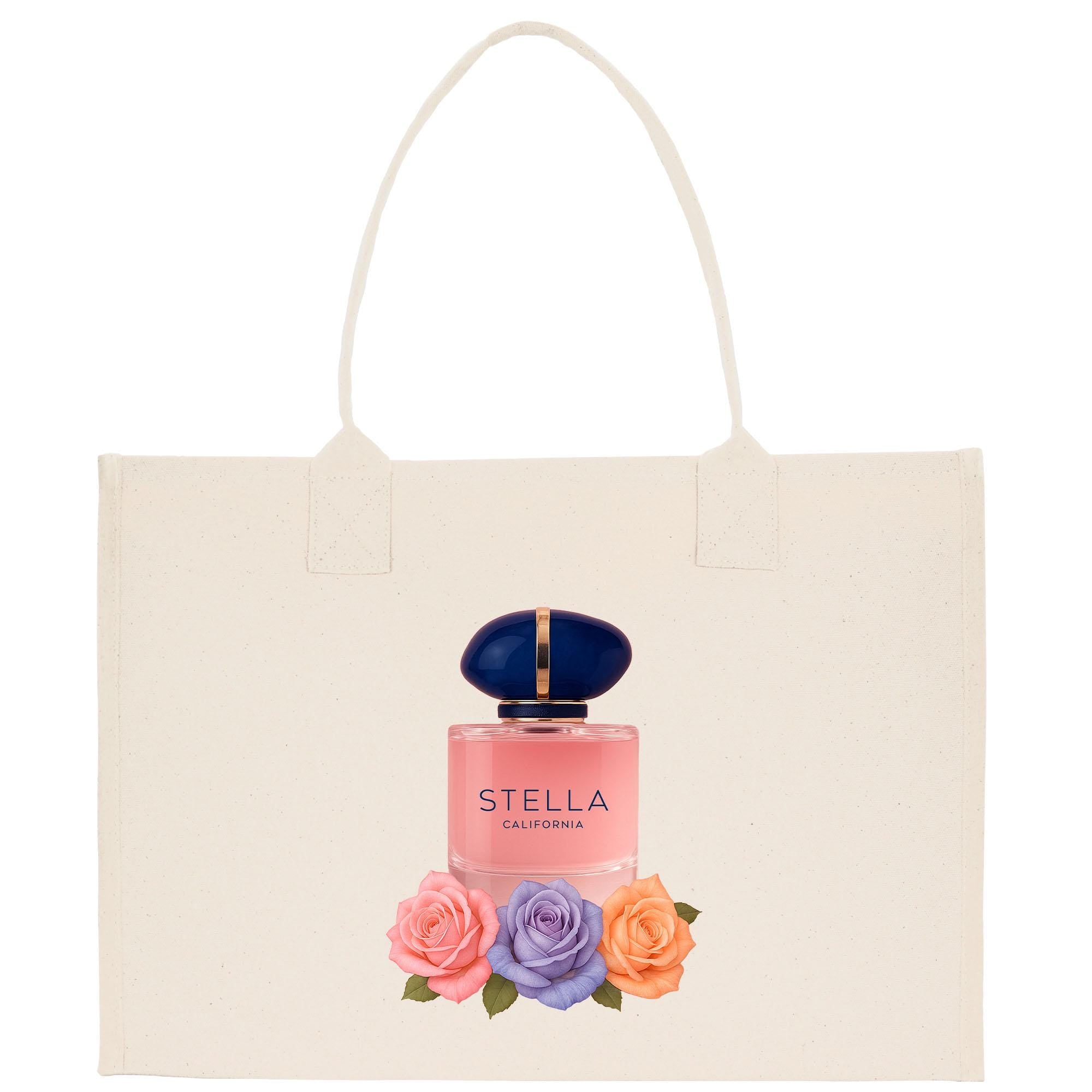 A white tote bag with a printed image of a perfume bottle and colorful flowers on it.