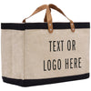 A beige tote bag with black trim and leather handles, featuring the text "Text or Logo Here" printed on it.