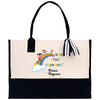 a white and black bag with a rainbow on it