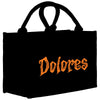 A black rectangular bag with the word "Dolores" printed in orange text on it.