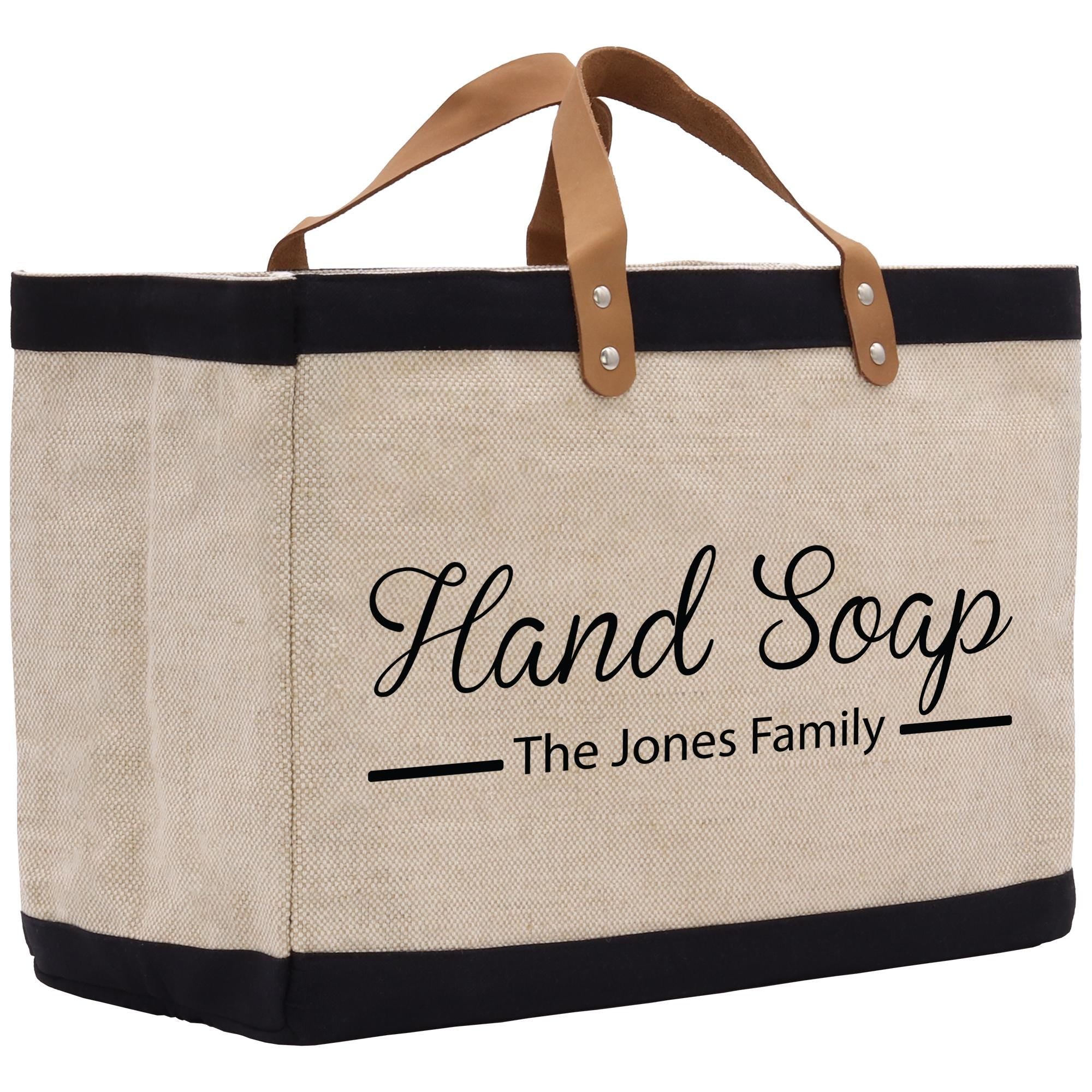 a jute bag with a handle that says hand soap the jones family