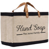 a jute bag with a handle that says hand soap the jones family