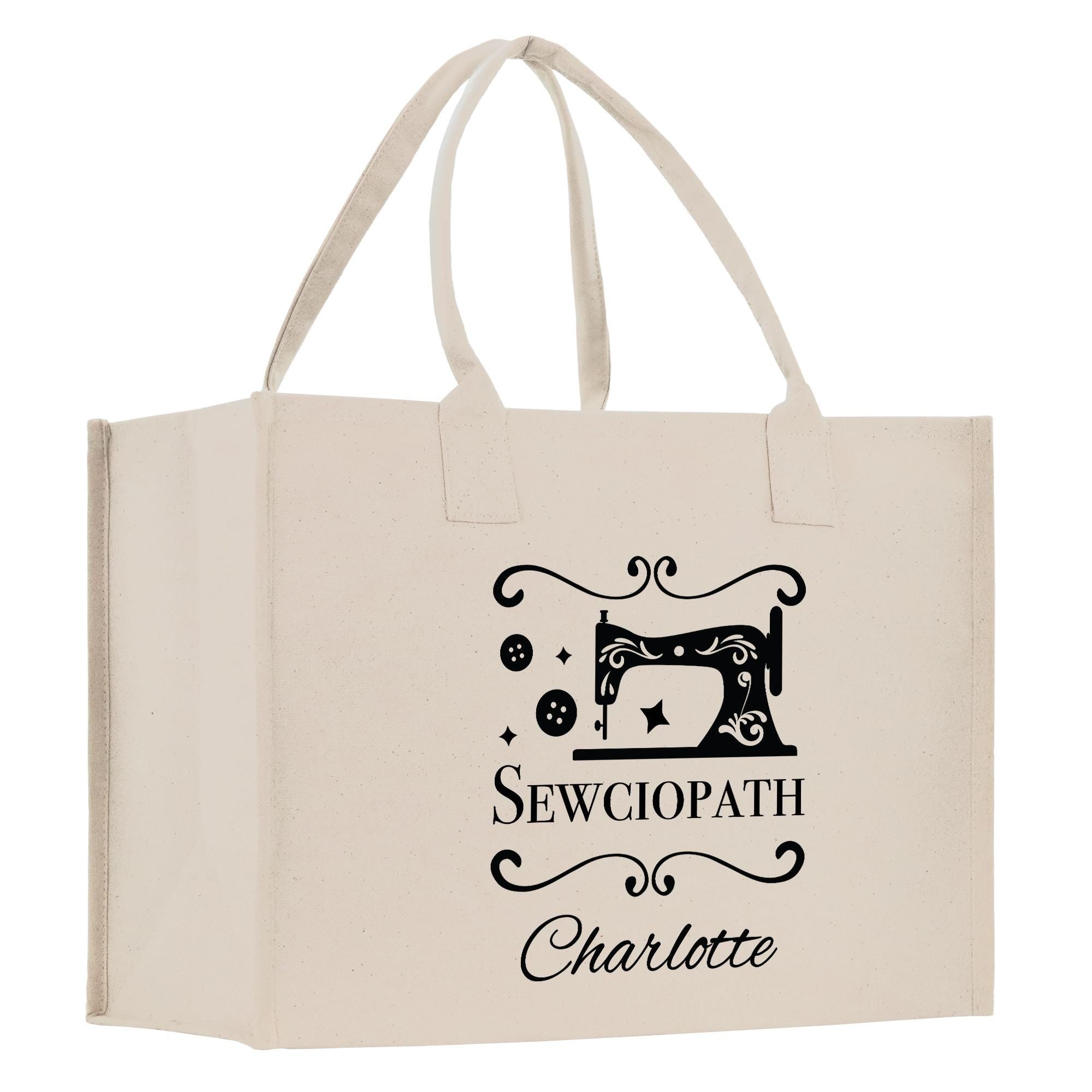 a white shopping bag with a sewing machine on it