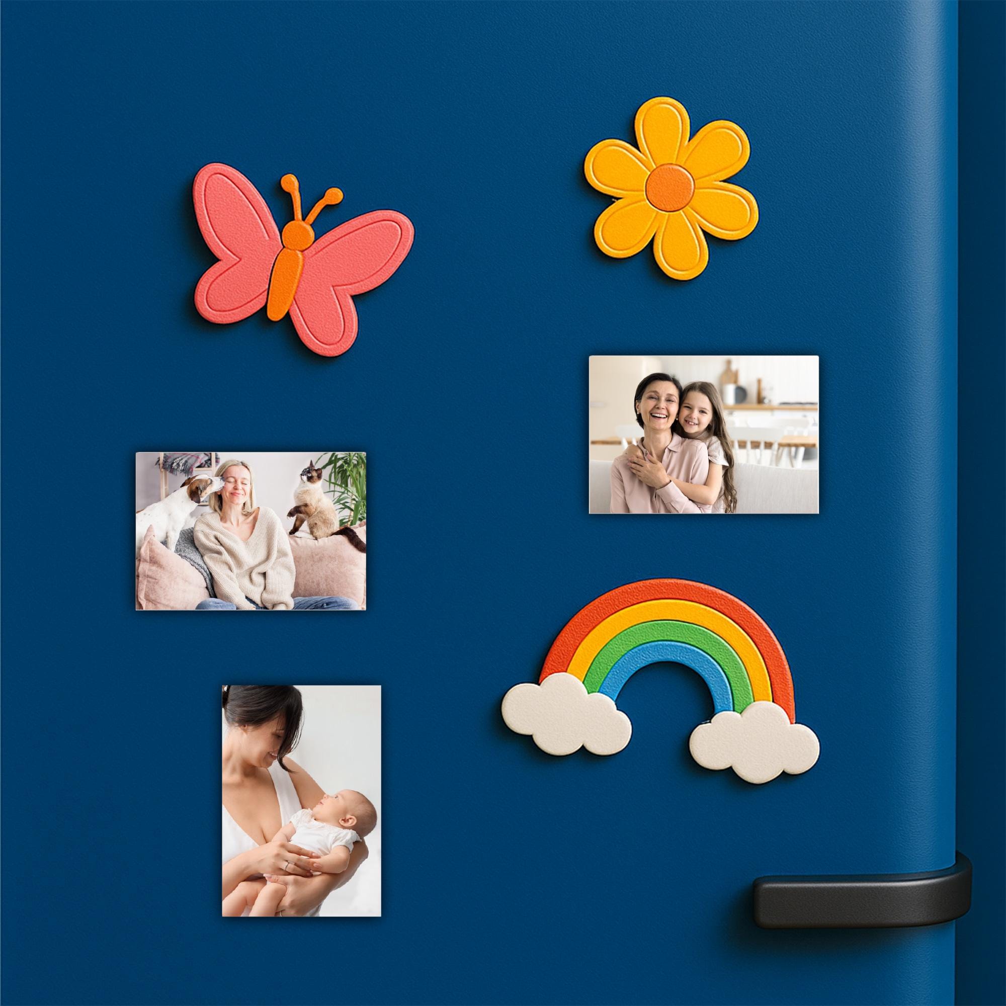 a blue refrigerator door with various colorful magnets and photos attached to it.