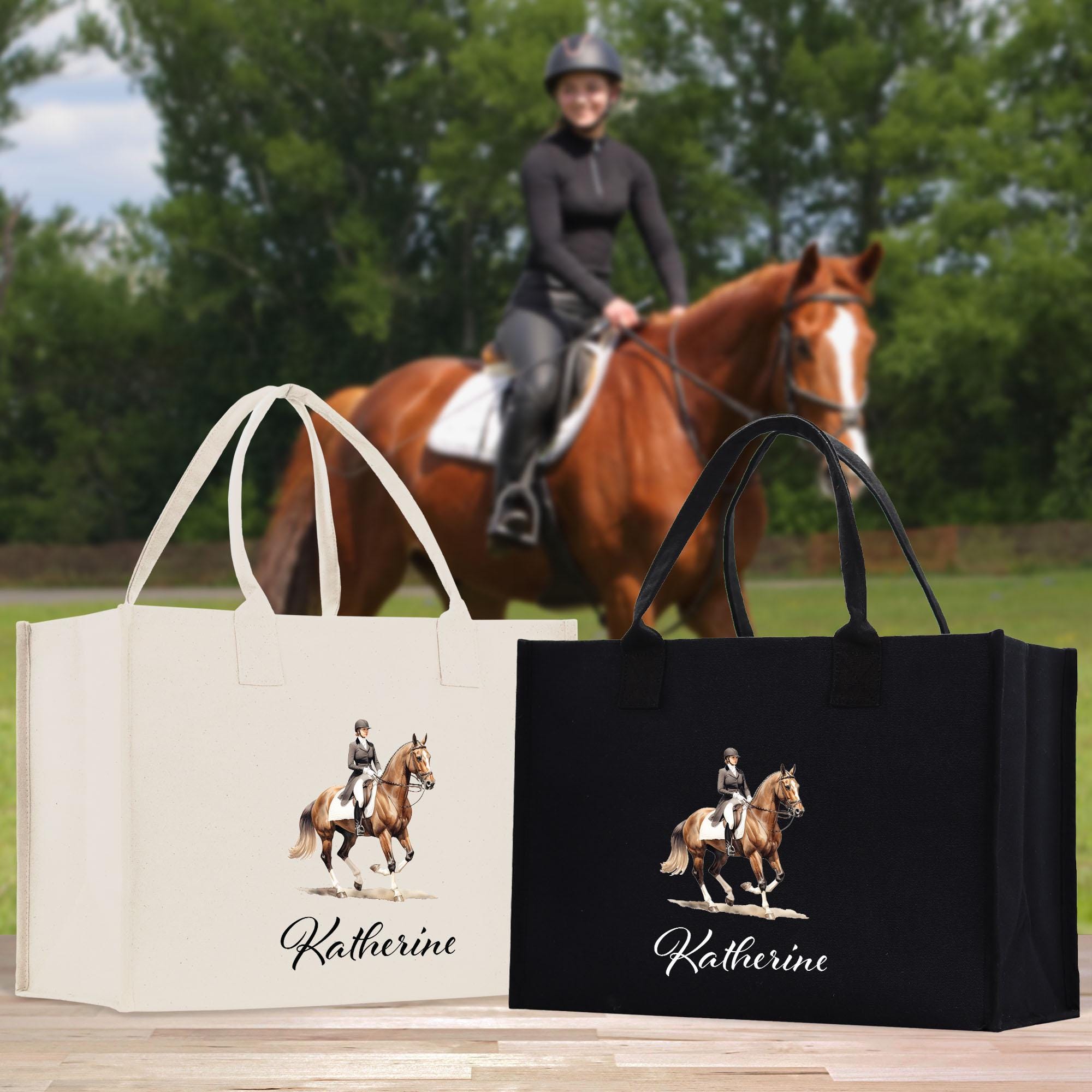 A woman is riding a brown horse in a field, with two bags featuring the same image of a woman riding a horse in the foreground.