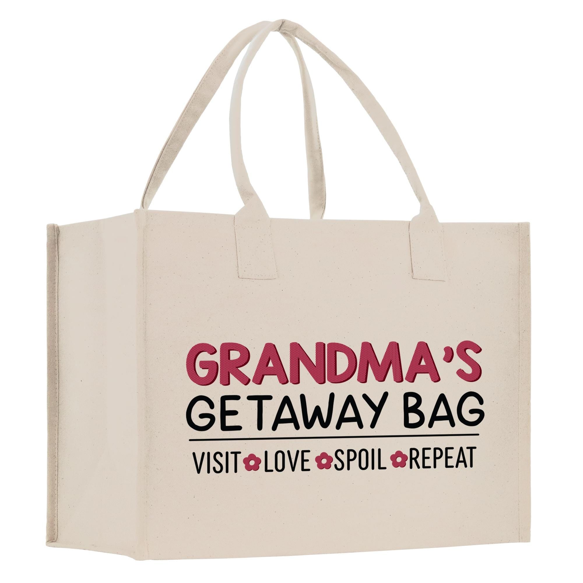 a white bag with the words grandma&#39;s getaway bag on it