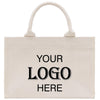 A beige canvas tote bag with the text "YOUR LOGO HERE" printed on it.