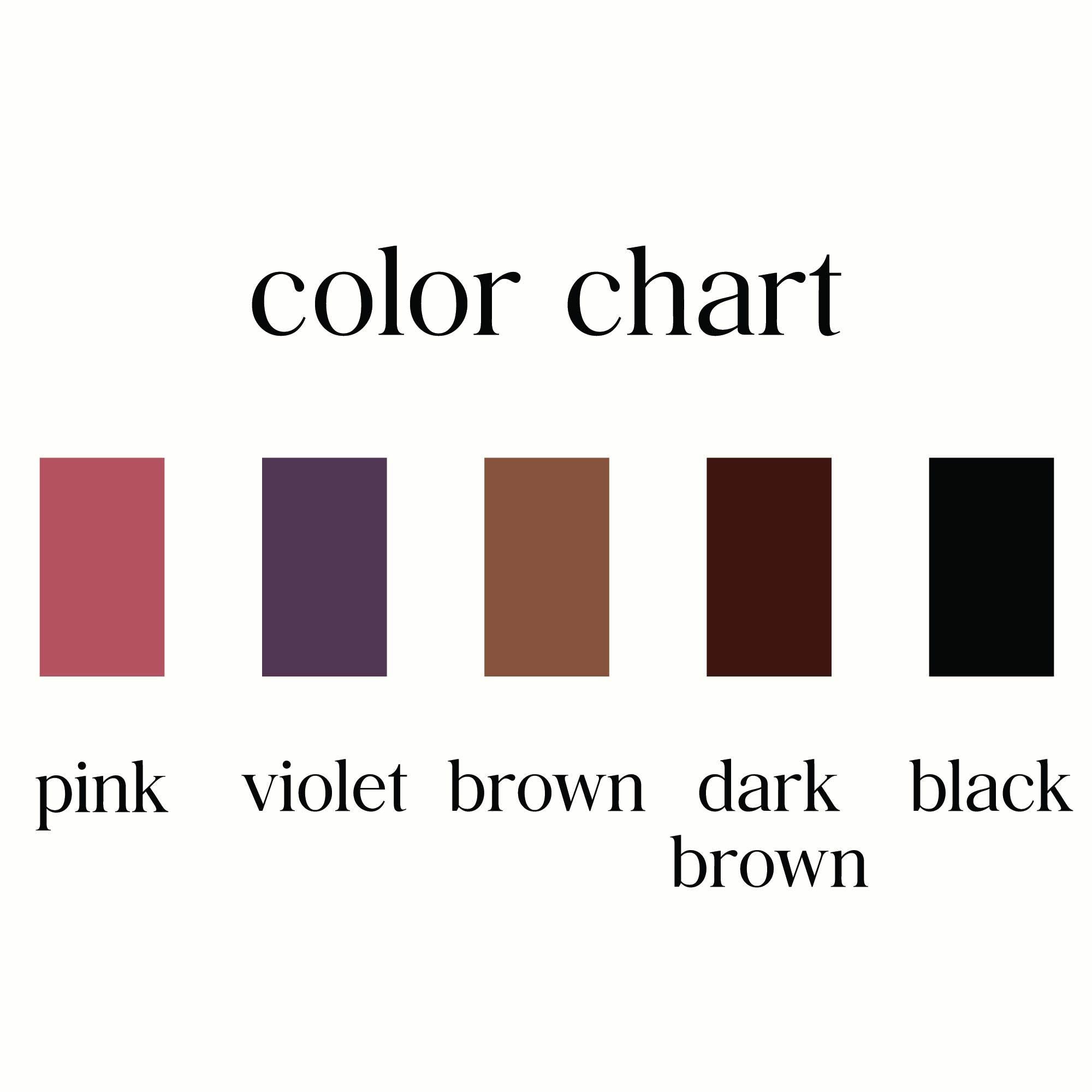 a color chart with different shades of pink, violet, brown, and dark brown