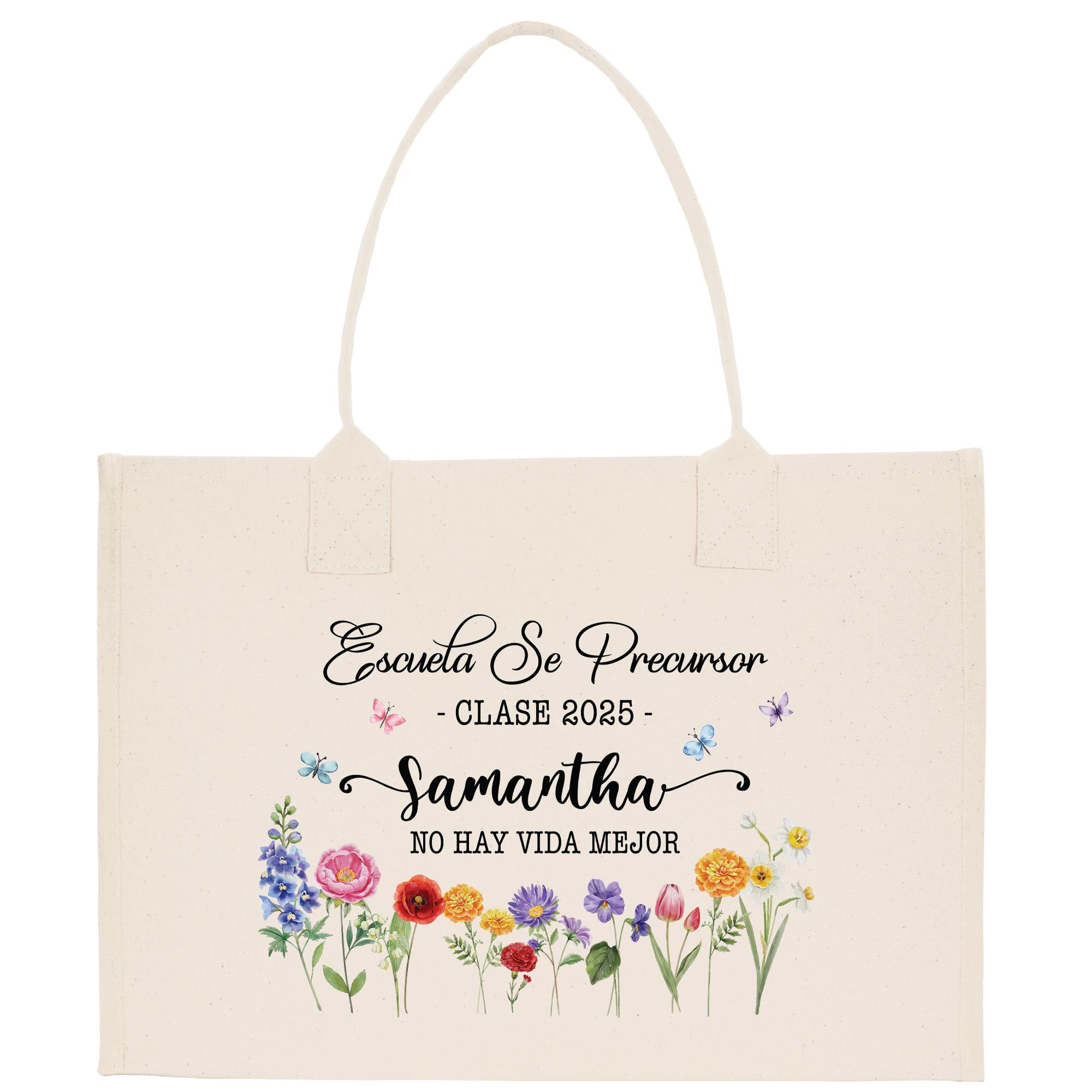 The image is a tote bag with a floral design and text printed on it.