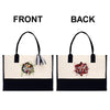 two bags with different designs on them, one is black and the other is white