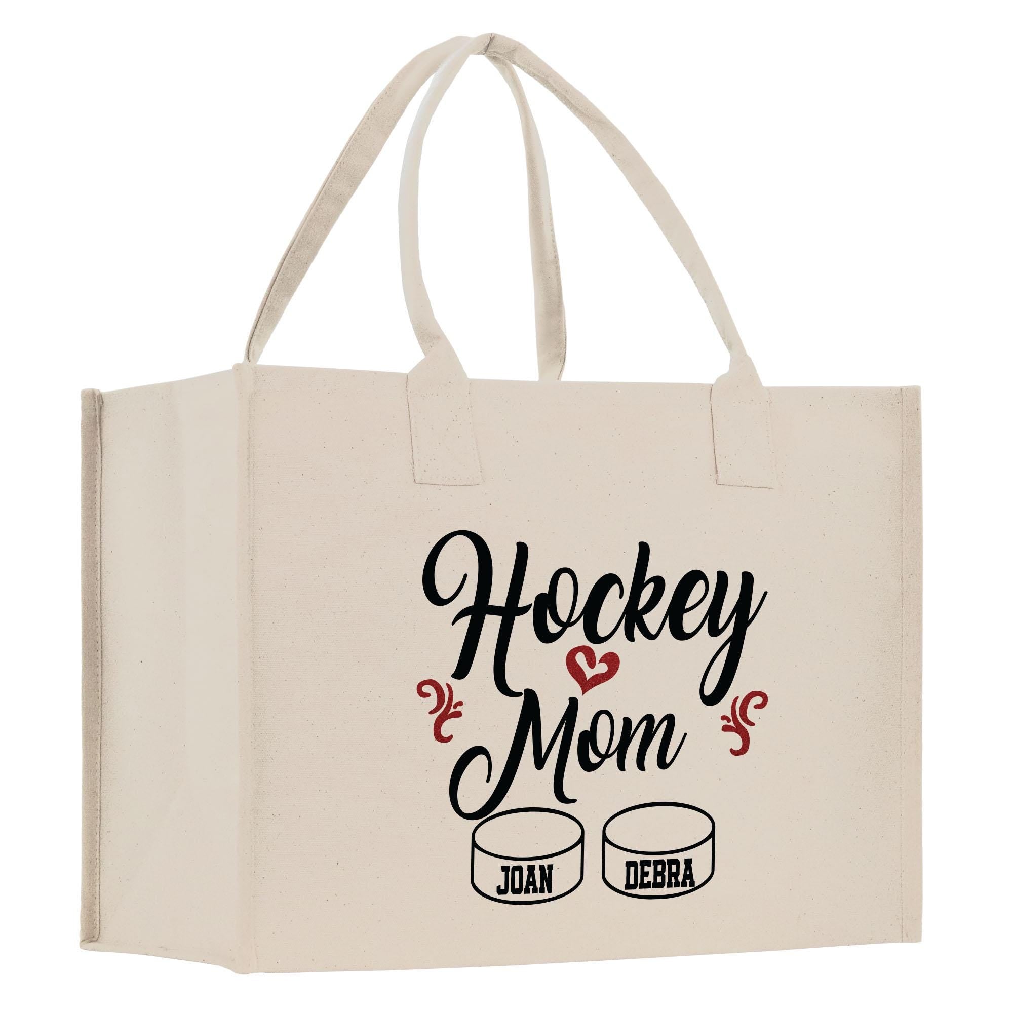 a white bag with hockey mom on it