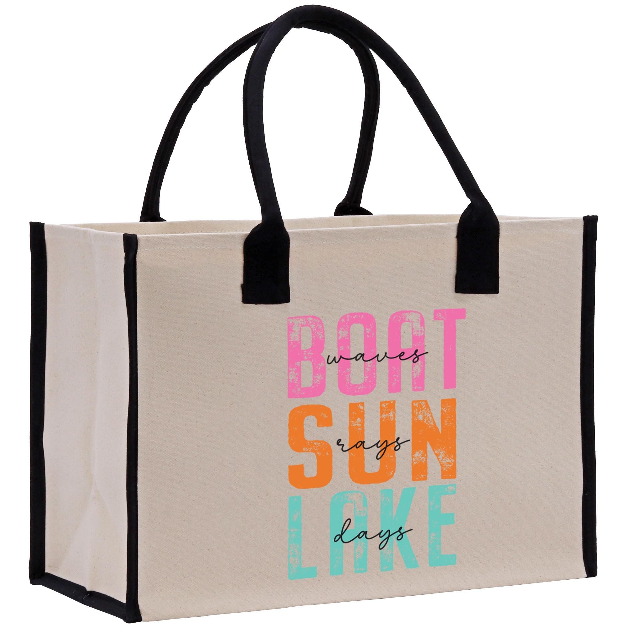 a canvas bag with the words boot sun lake printed on it