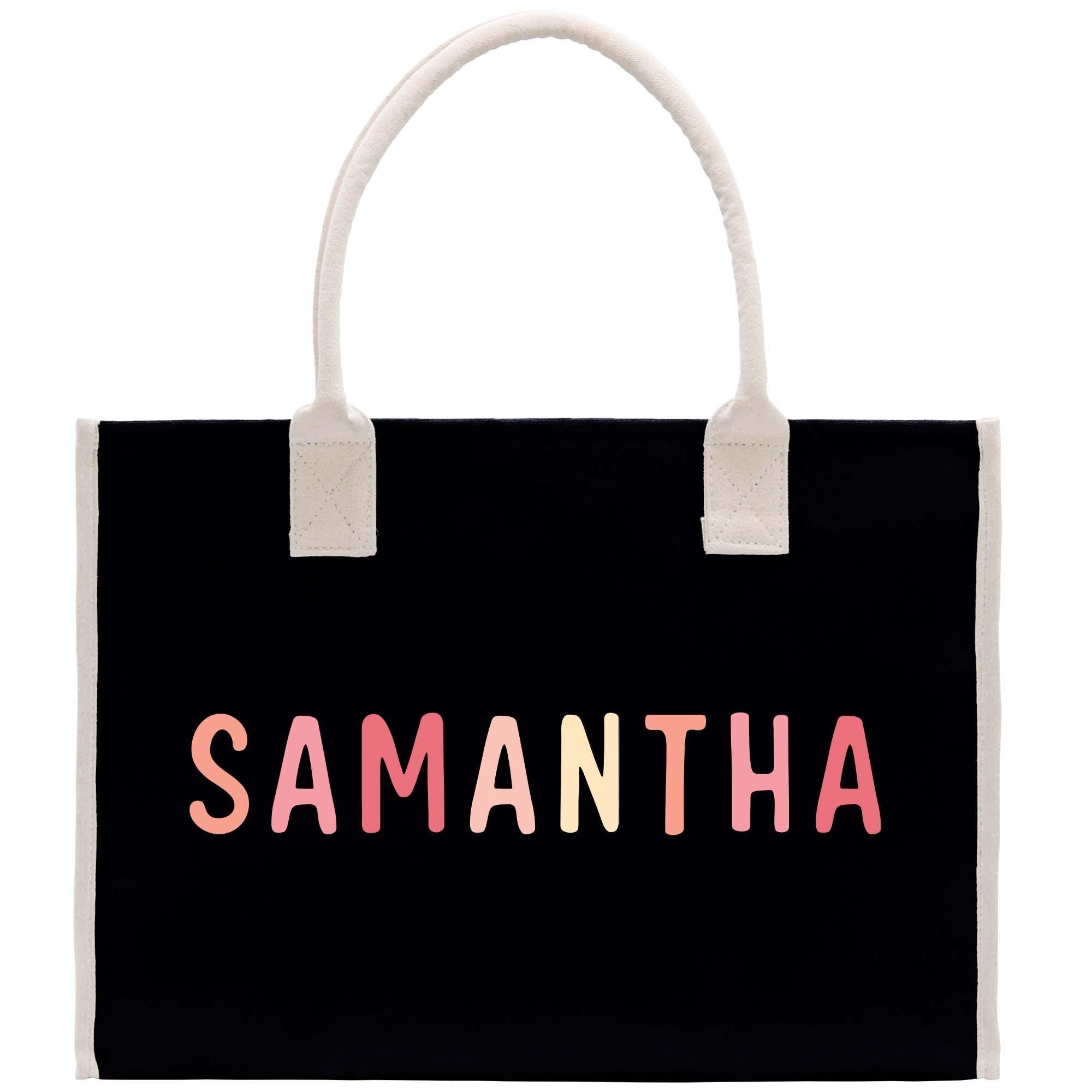 a black bag with the word samantaha printed on it