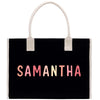 a black bag with the word samantaha printed on it