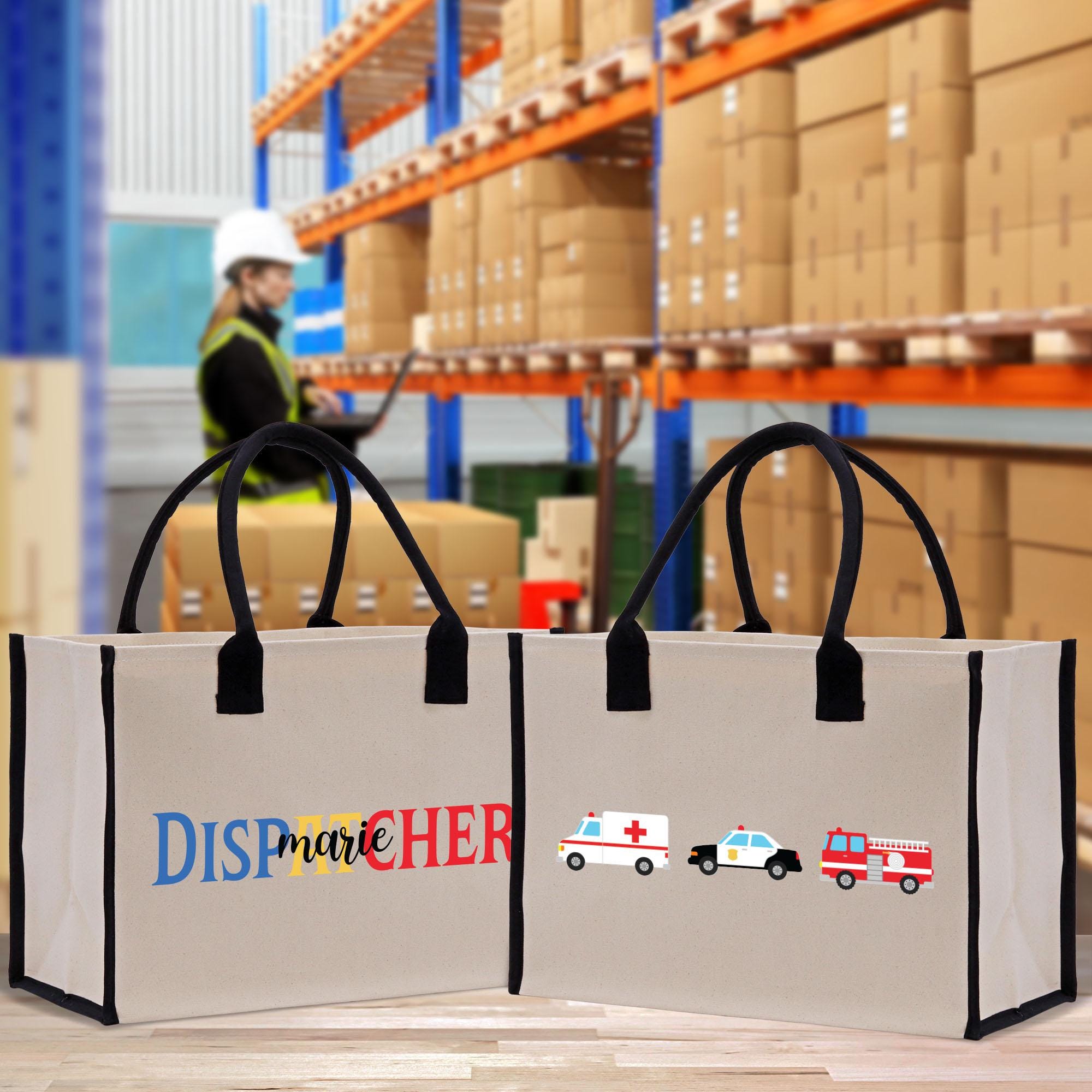 two shopping bags sitting on a table in a warehouse