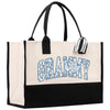 a black and white tote bag with the word gamly printed on it