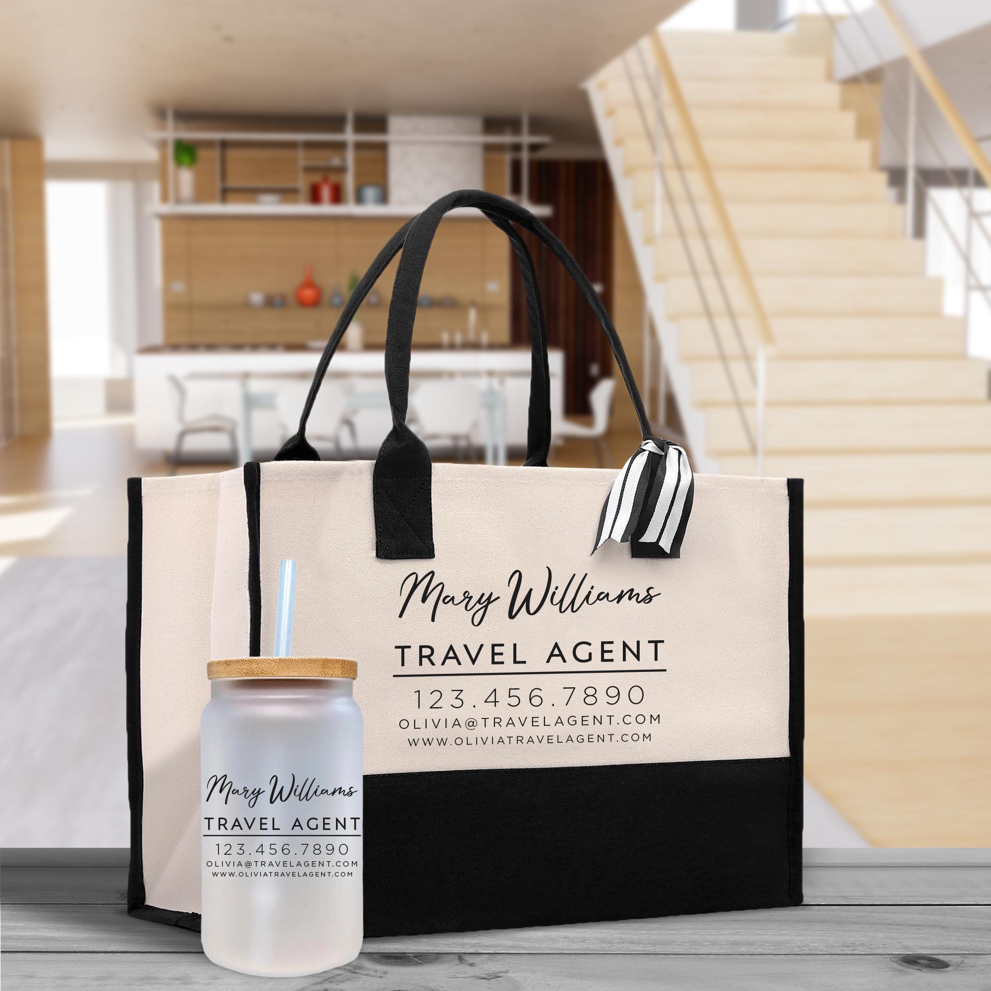 a bag and a bottle sitting on a table