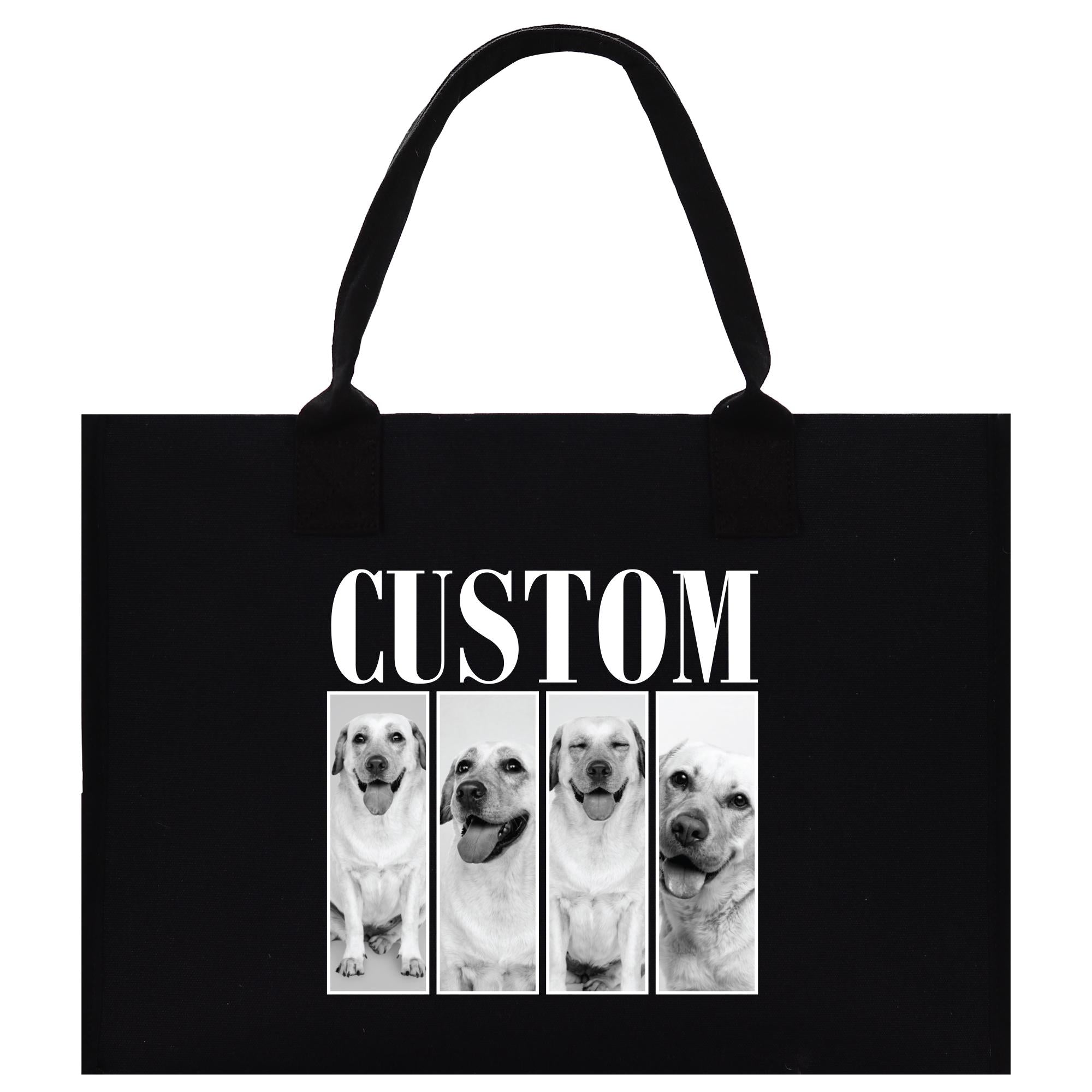 A black tote bag with a custom dog photo displayed on it.