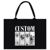 A black tote bag with a custom dog photo displayed on it.