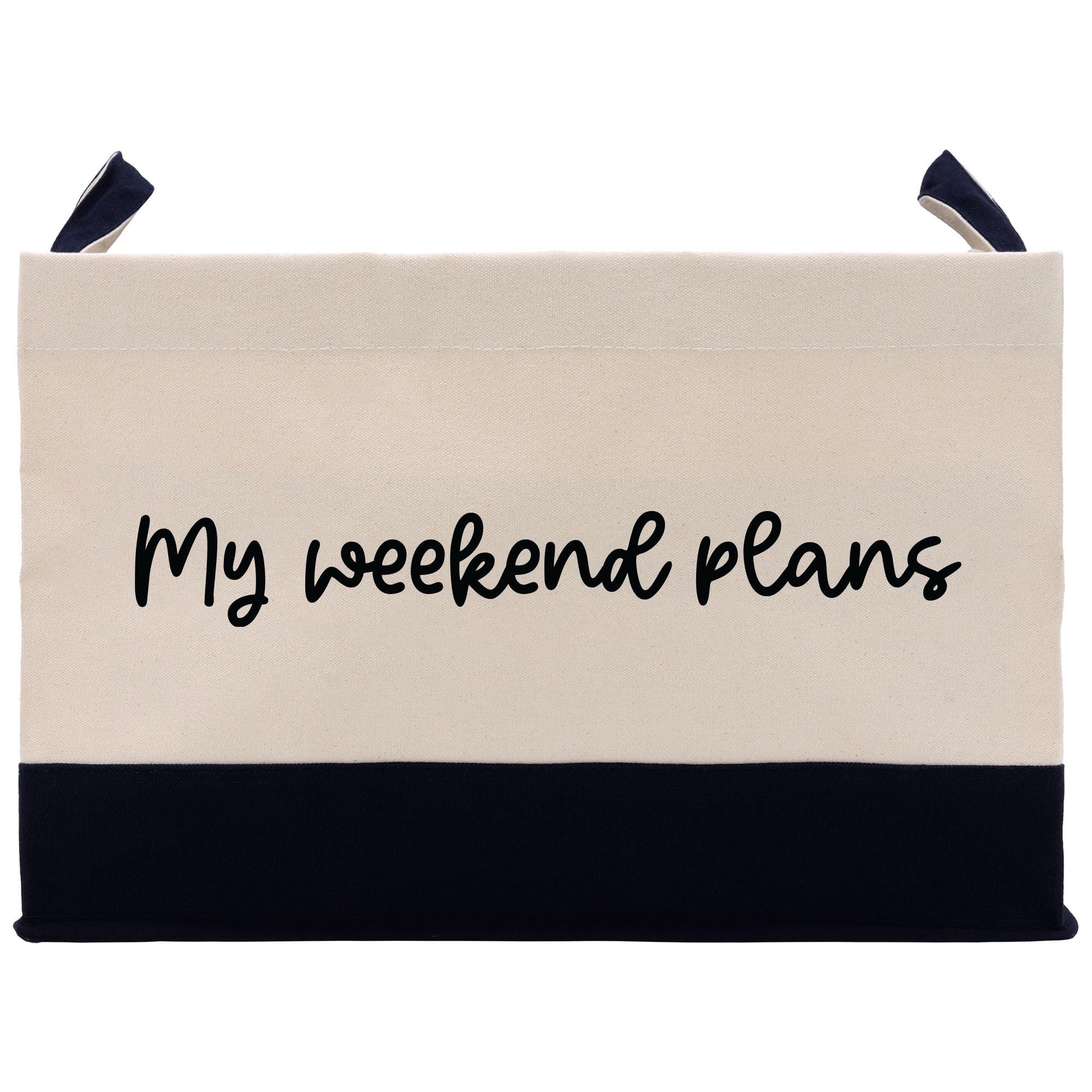 a white bag with black writing on it