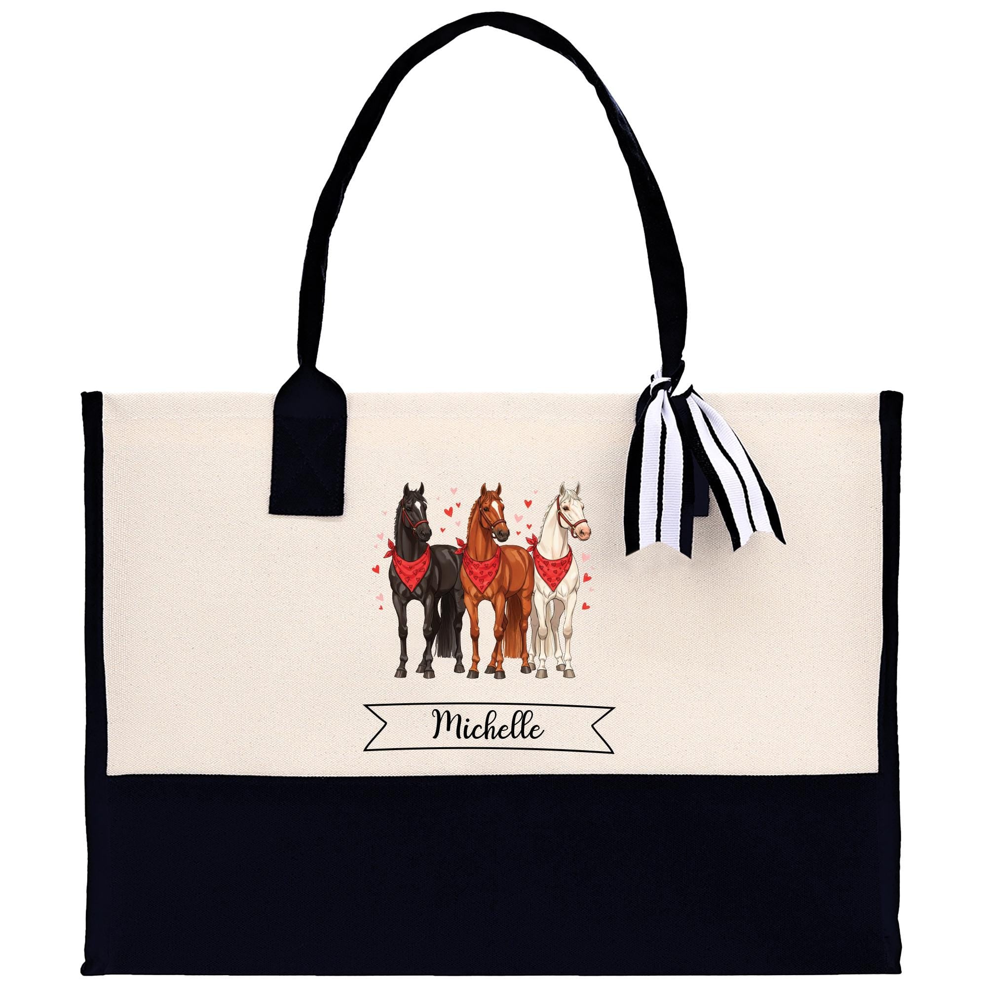 a black and white bag with horses on it