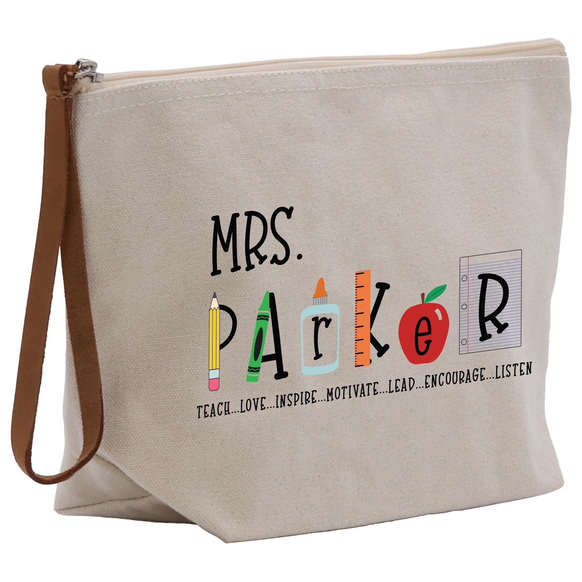 a canvas bag with the words&#39;mrs parker&#39;written on it