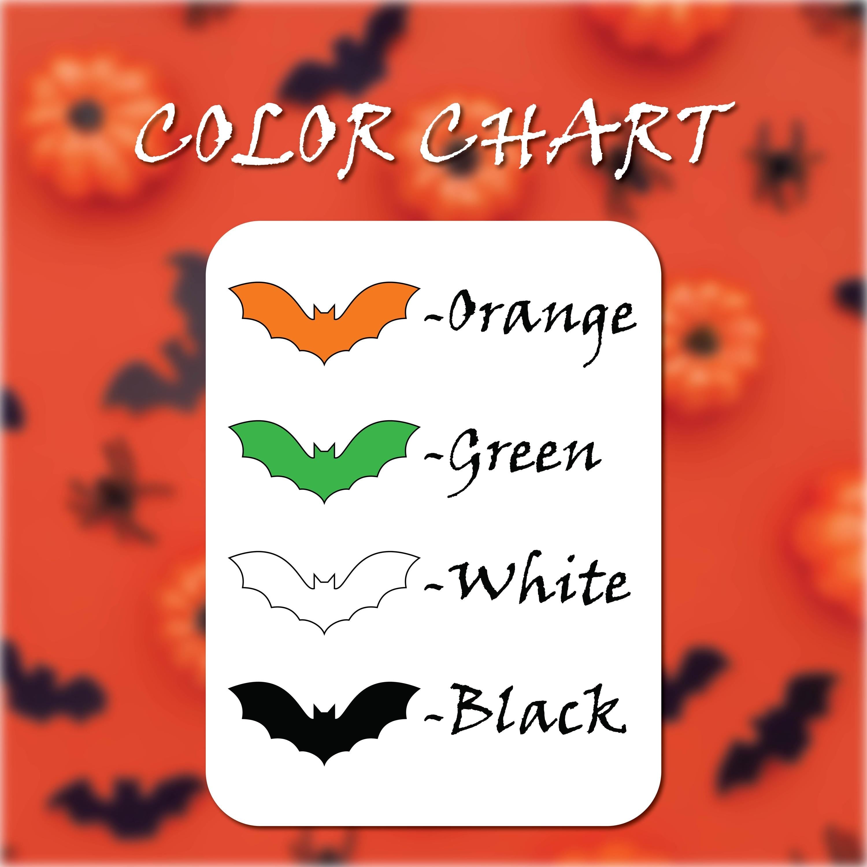 The image is a color chart with four bat silhouettes in different colors: orange, green, white, and black.