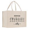 A beige canvas tote bag with a printed design featuring a series of flower illustrations and the text "God says you are Ashley" printed on it.