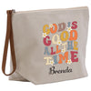 A beige canvas tote bag with a colorful graphic design featuring the text "GOOD IS GOD GOOD ALL THE TIME" and the name " Brenda" printed on it.