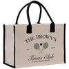 A beige canvas tote bag with black handles and straps, featuring a graphic design and text related to a tennis club.
