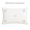 The image is a diagram that illustrates the printing placement of a pillow. It shows the upper left, upper right, center, and lower left corners of the pillow, with the center being the central point of the pillow.