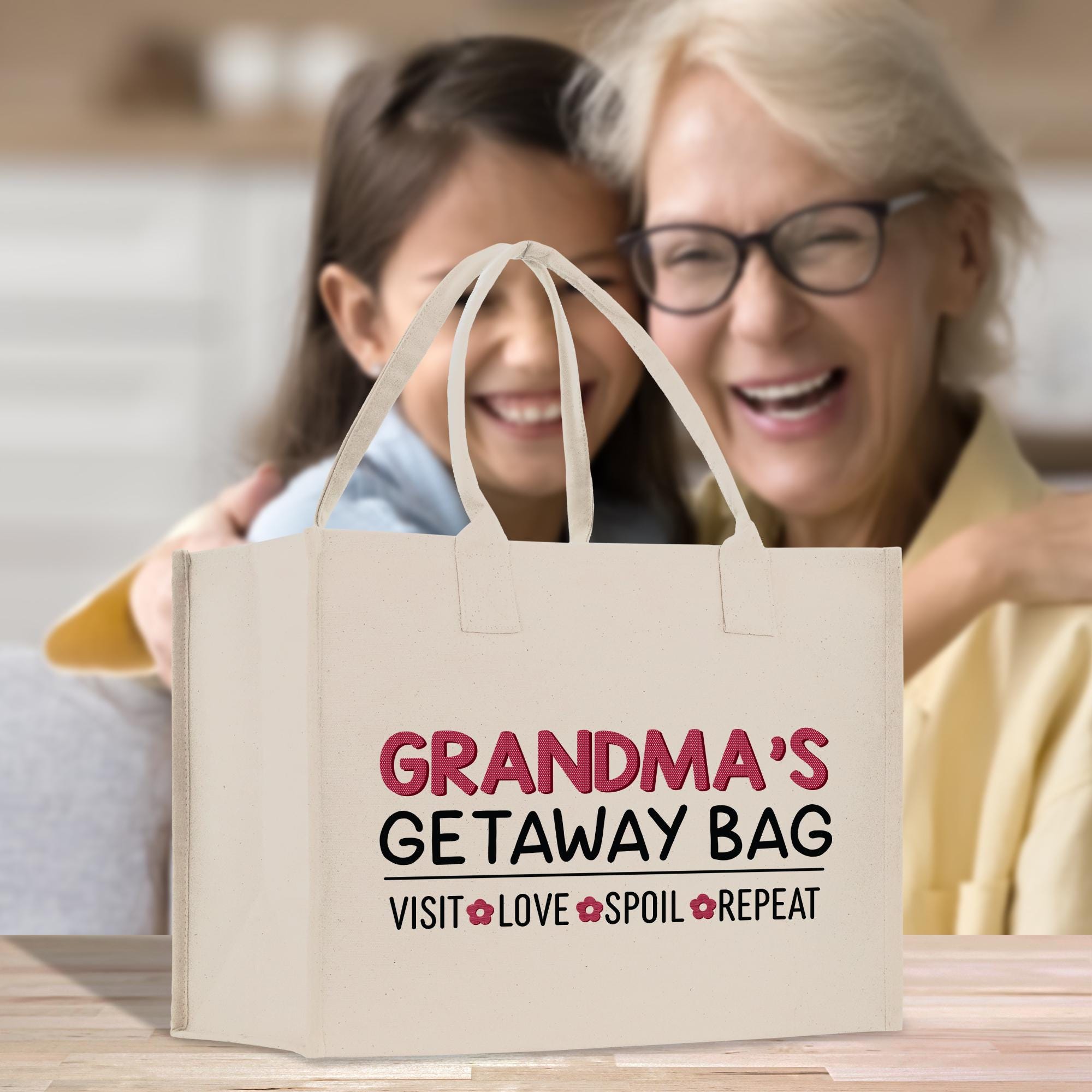 an older woman and young girl looking at a bag