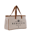A beige canvas tote bag with brown straps and a crown logo printed on it.