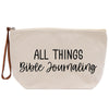 a white bag with black writing that says all things bible journaling
