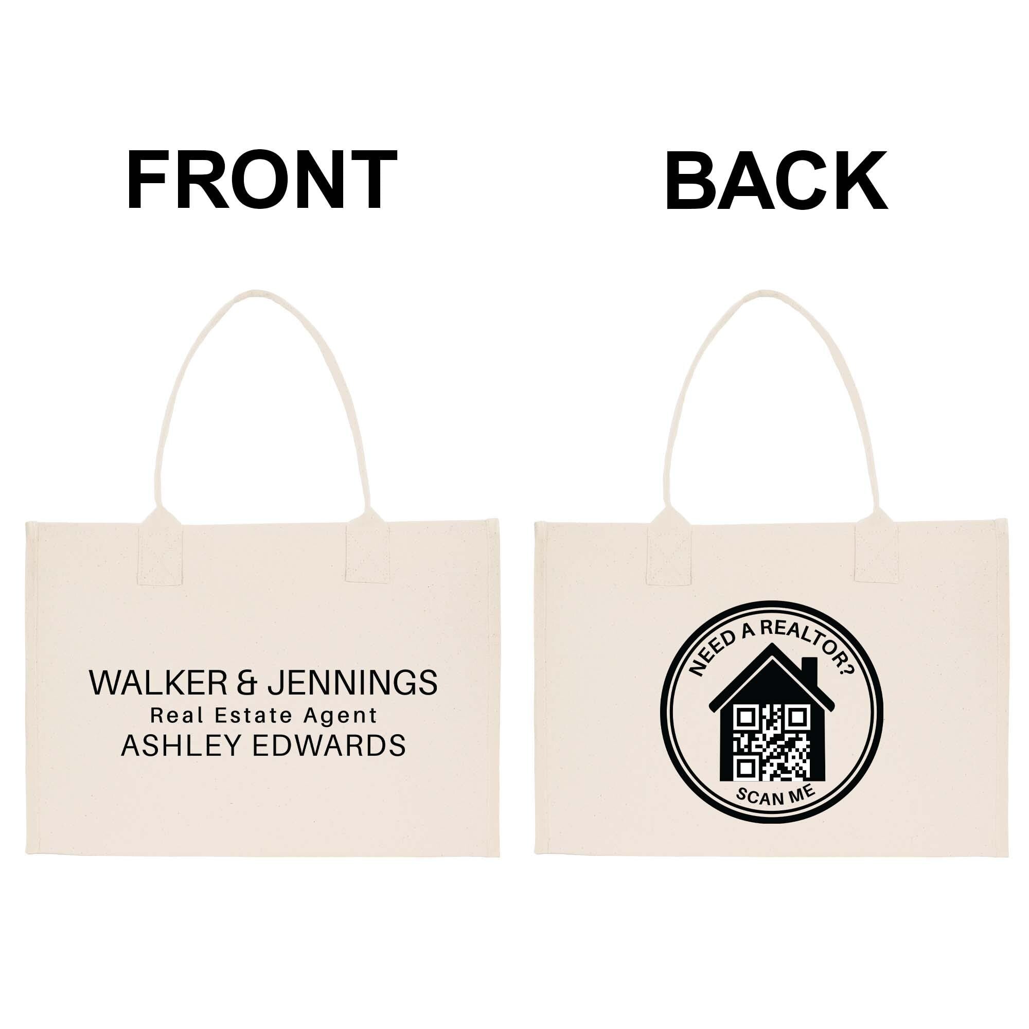 a beige tote bag with text and a logo on it. The text on the bag reads &quot;WALKER & JENNINGS Real Estate Agent ASHLEY EDWARDS&quot; and there is a logo that includes a house and a QR code.
