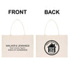 a beige tote bag with text and a logo on it. The text on the bag reads "WALKER & JENNINGS Real Estate Agent ASHLEY EDWARDS" and there is a logo that includes a house and a QR code.