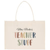 A beige tote bag with the text "Mrs. Parker's Teacher Stuff" printed on it.