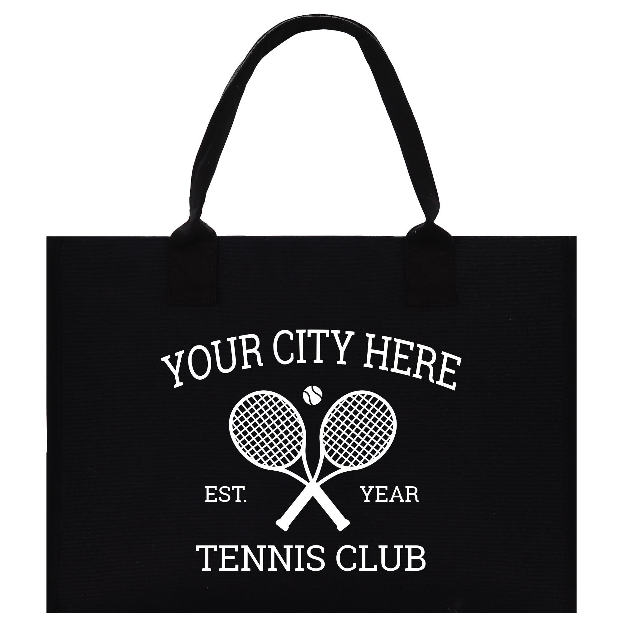 a black tote bag with a tennis racket on it