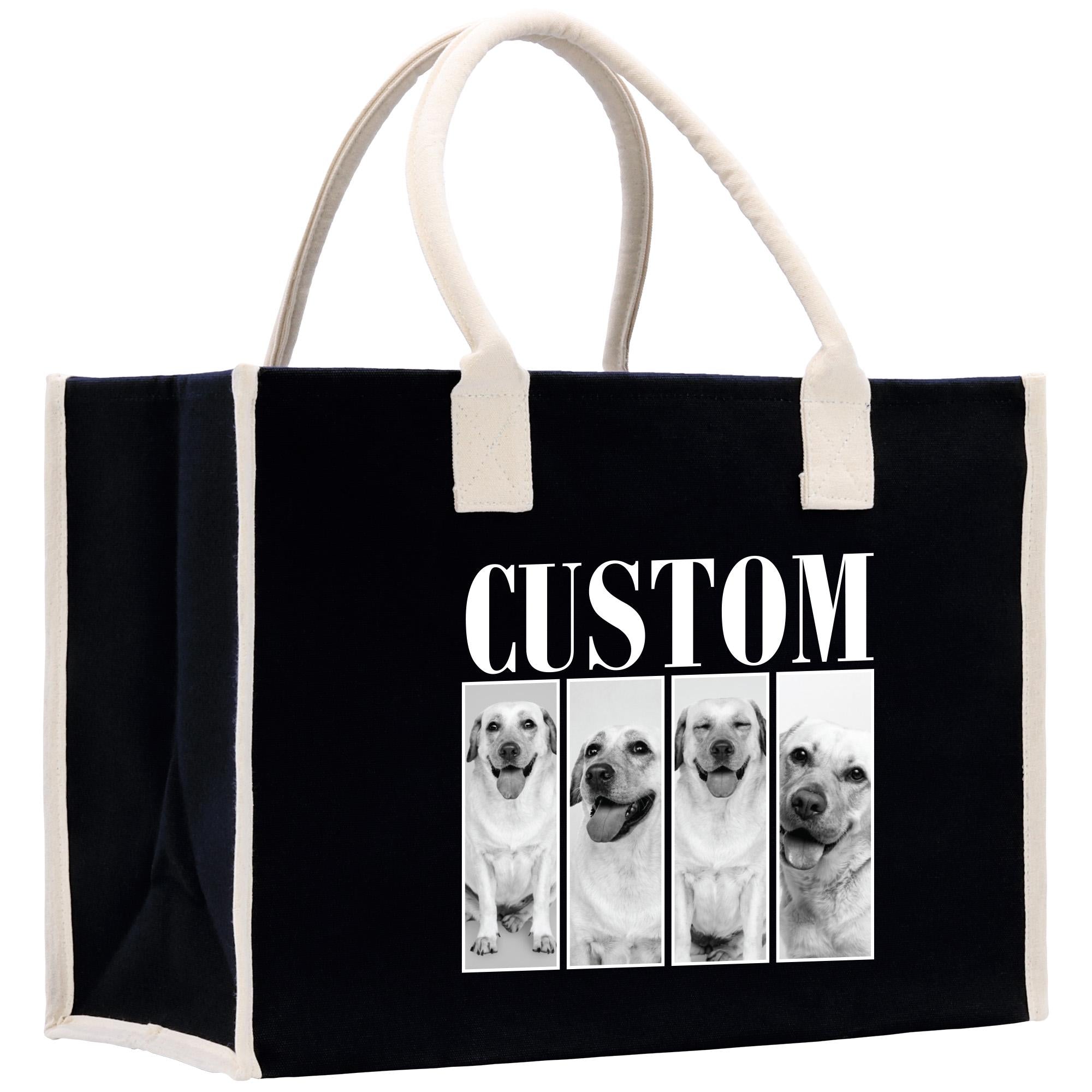 The image is a black tote bag with a white handle and a white trim. It has a custom text printed on it, which reads &quot;CUSTOM&quot;. The bag also features a collage of four black and white photographs of dogs, each with a different expression.