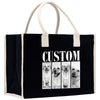 The image is a black tote bag with a white handle and a white trim. It has a custom text printed on it, which reads "CUSTOM". The bag also features a collage of four black and white photographs of dogs, each with a different expression.