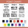 a font chart with various font designs and colors, along with a color swatch for choosing the ink color.
