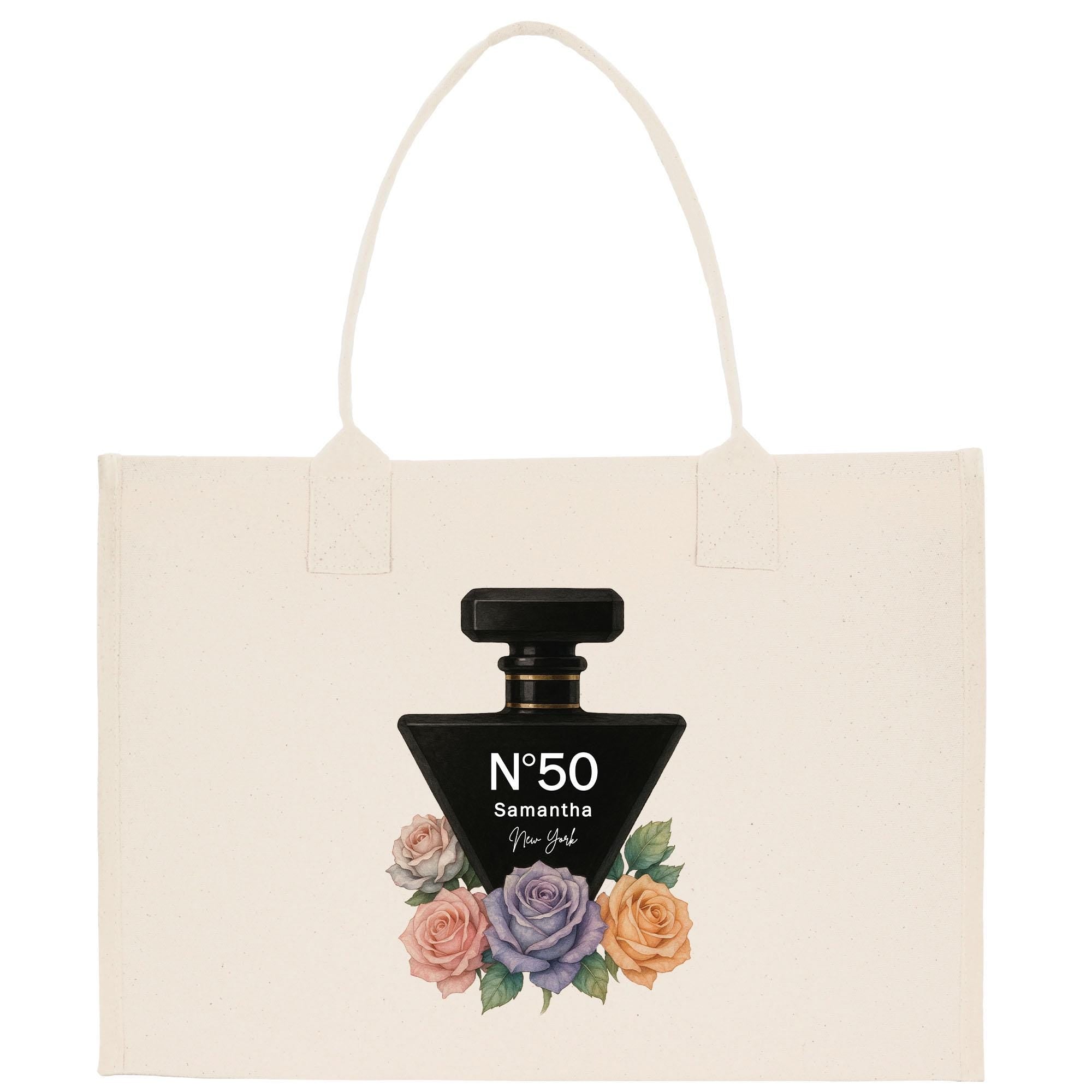 a tote bag with a bottle of perfume on it