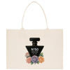 a tote bag with a bottle of perfume on it