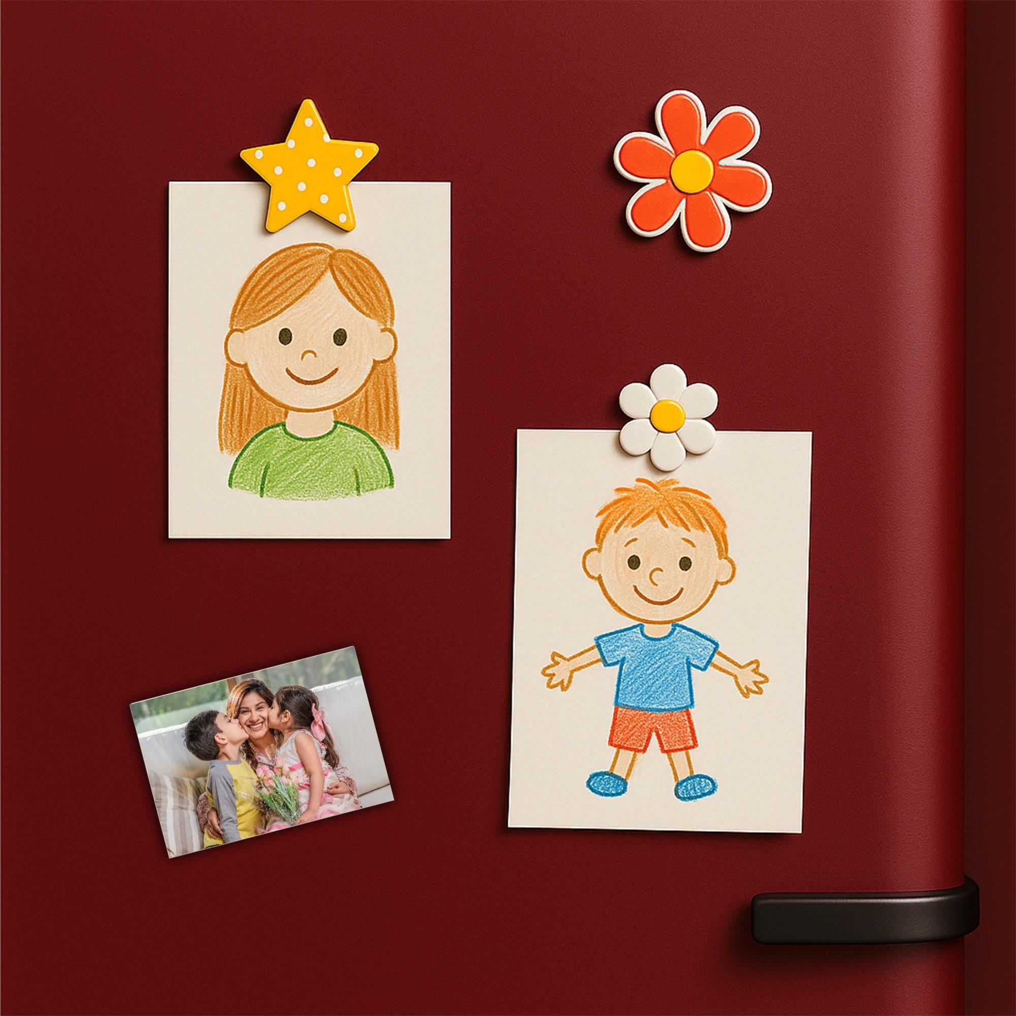 a red refrigerator door with various magnets and photos attached to it. There are two drawings of children, one of a girl and one of a boy, as well as a flower magnet. Additionally, there is a photo of a group of people, which appears to be a family portrait.