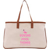 a white bag with a pink flamingo on it