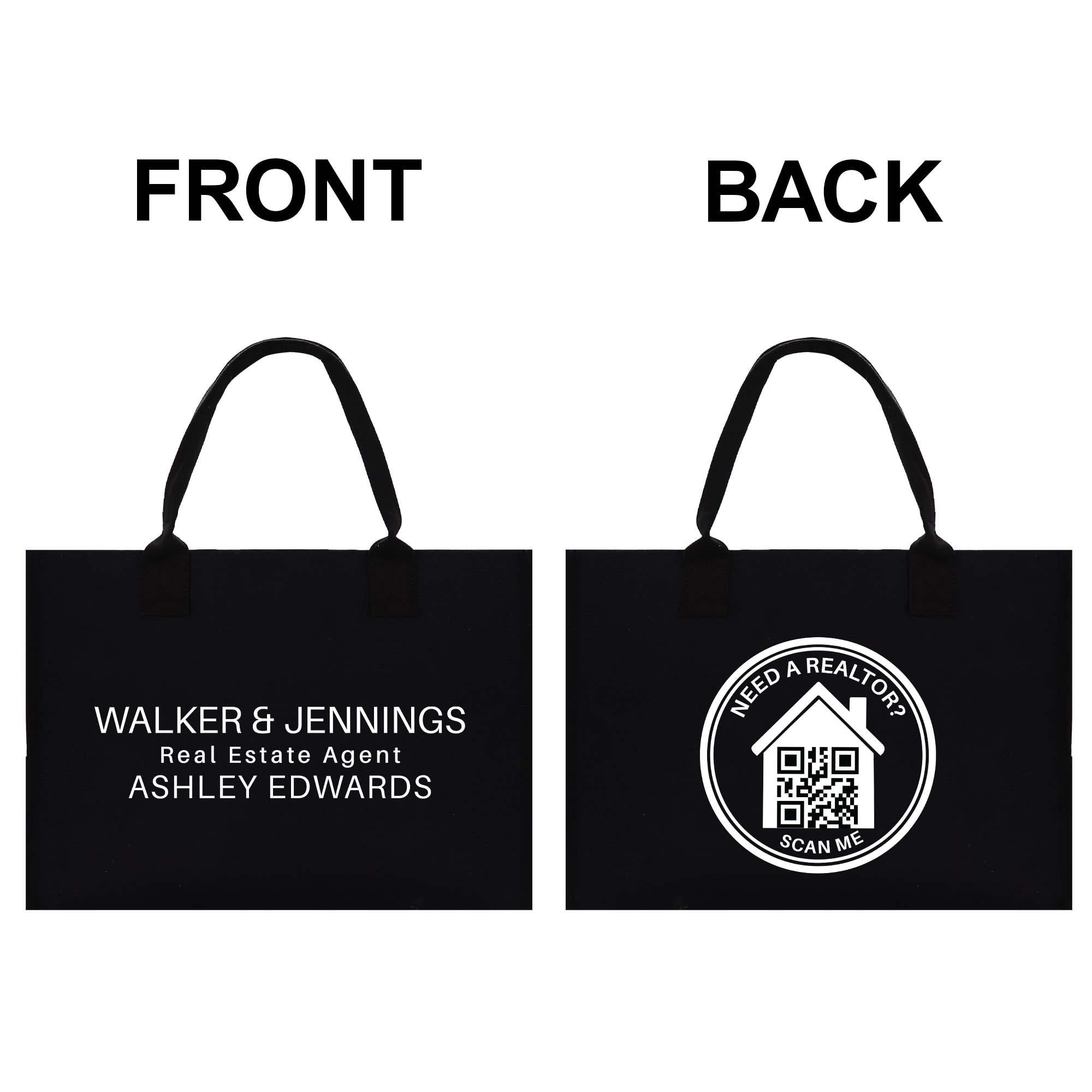 a black tote bag with text and a logo on it.