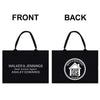 a black tote bag with text and a logo on it.