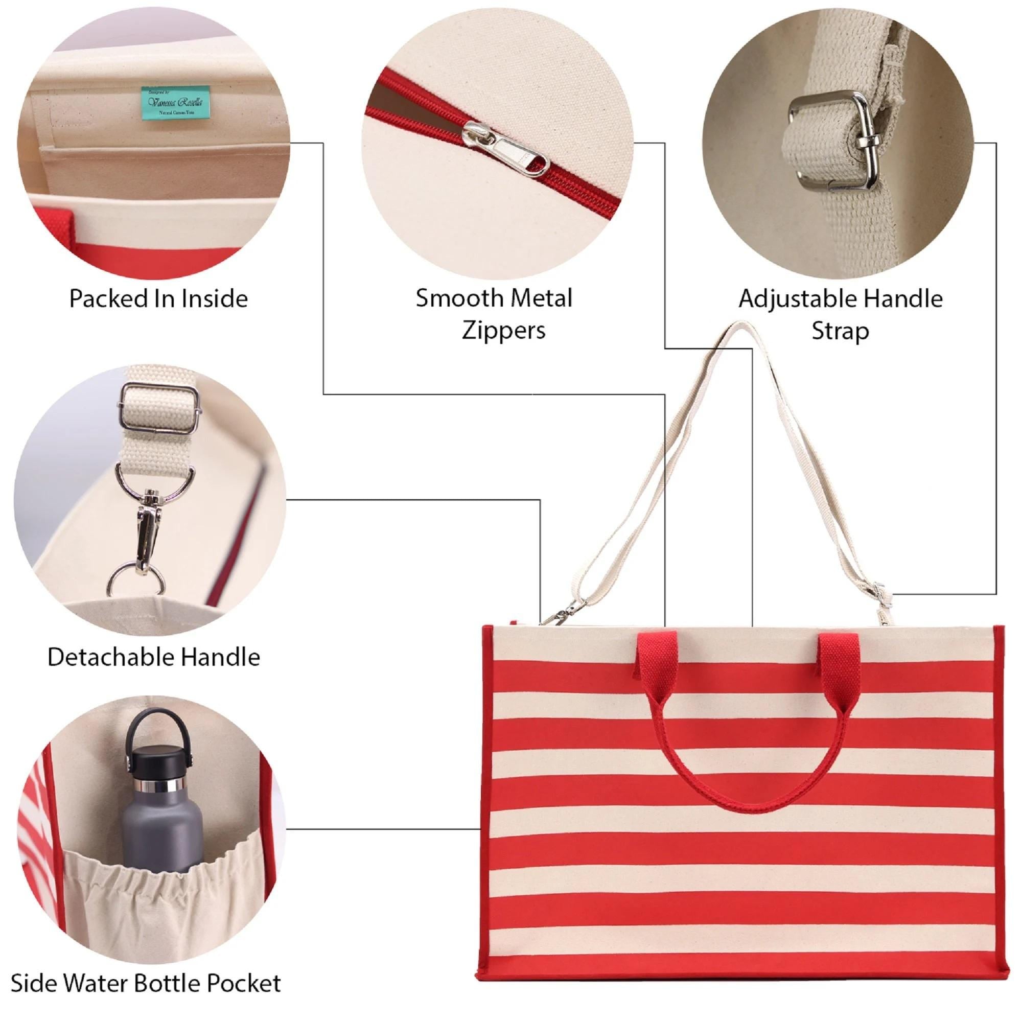 The image is a detailed diagram of a red and white striped tote bag, highlighting its various features such as the zipper, adjustable handle, detachable handle, side water bottle pocket, and the zipper pull.