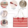 The image is a detailed diagram of a red and white striped tote bag, highlighting its various features such as the zipper, adjustable handle, detachable handle, side water bottle pocket, and the zipper pull.
