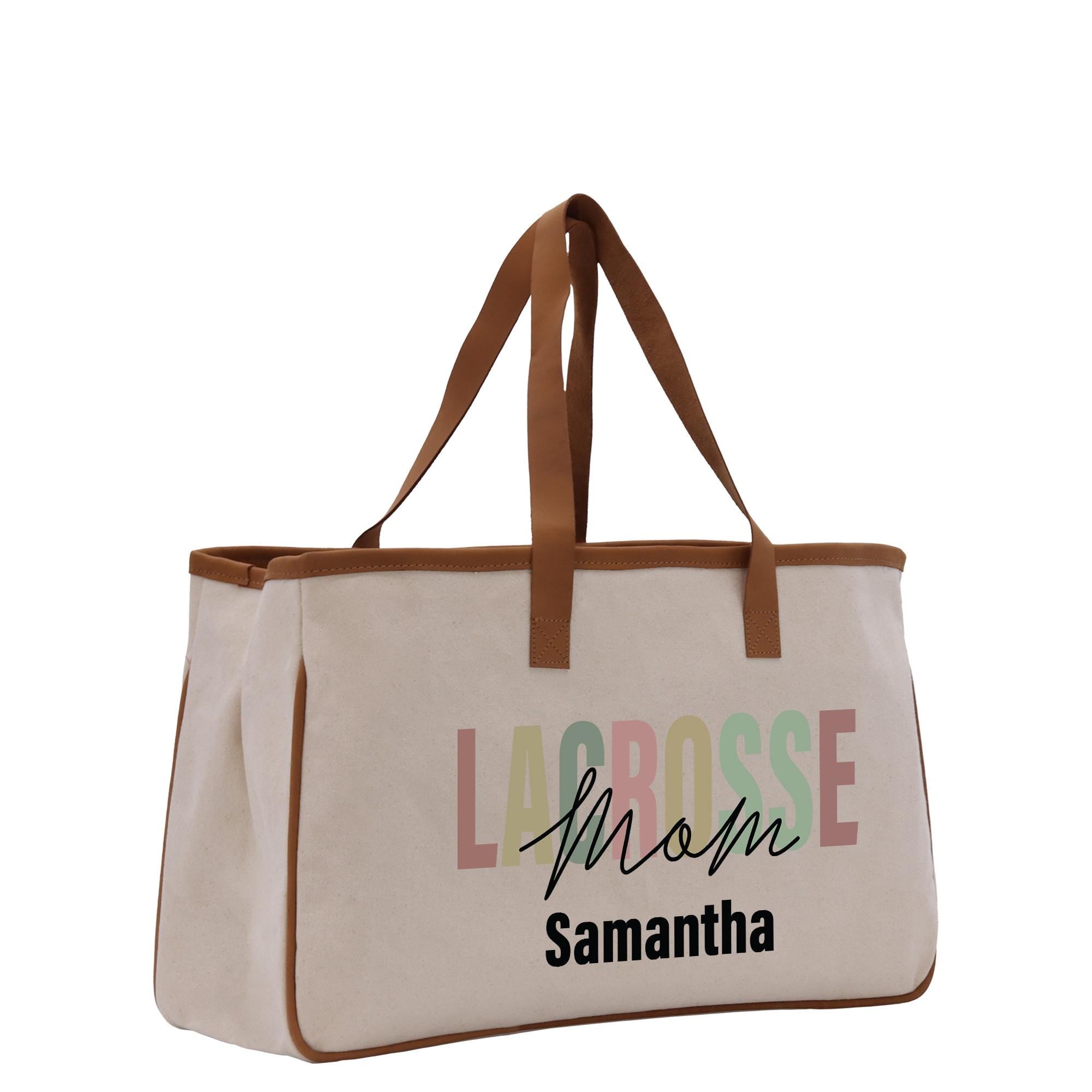 a large white bag with a brown handle